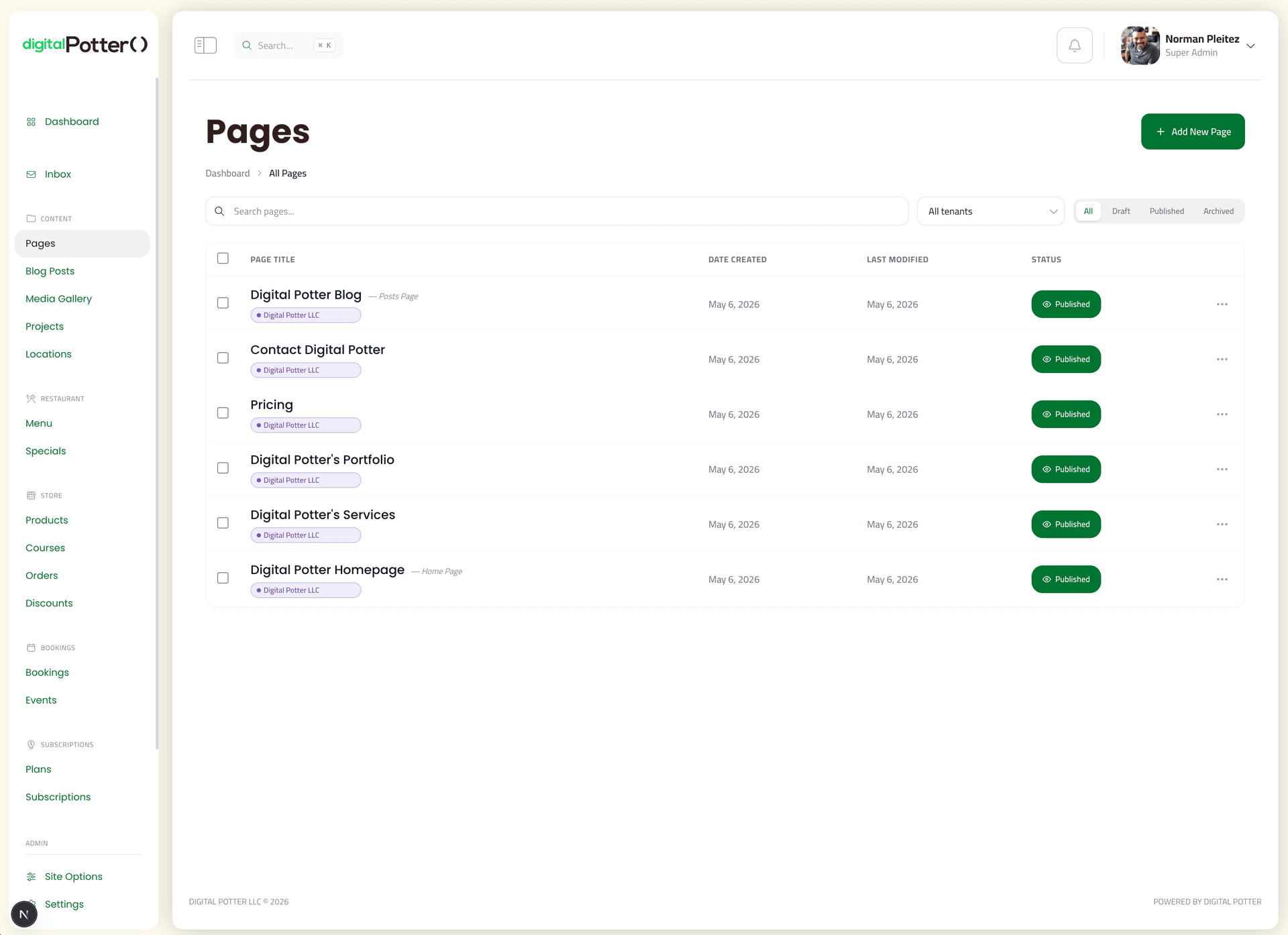 theDavid Pages list with tenant tags and status filters