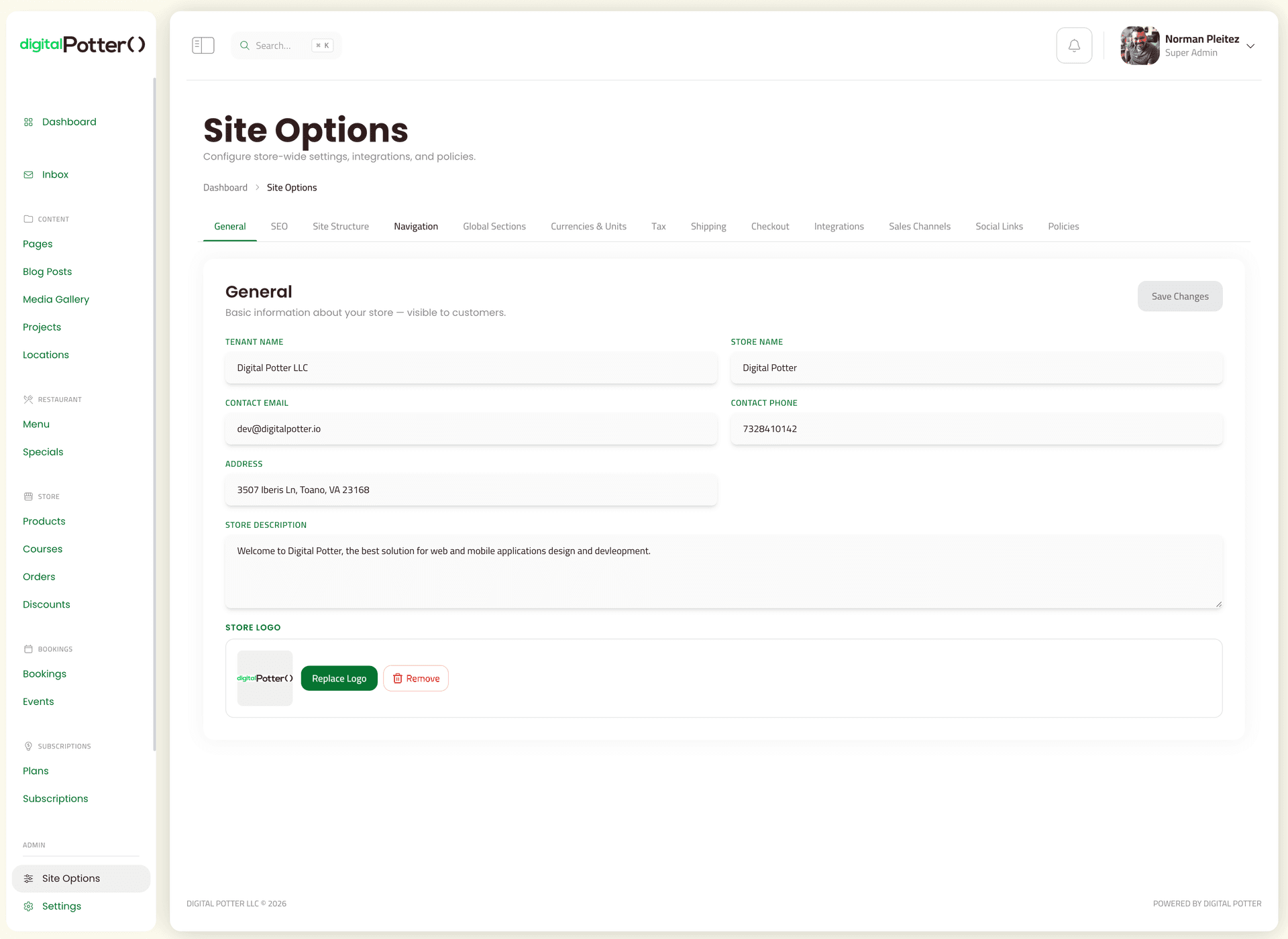 theDavid Site Options screen with General tab and tabs across the top