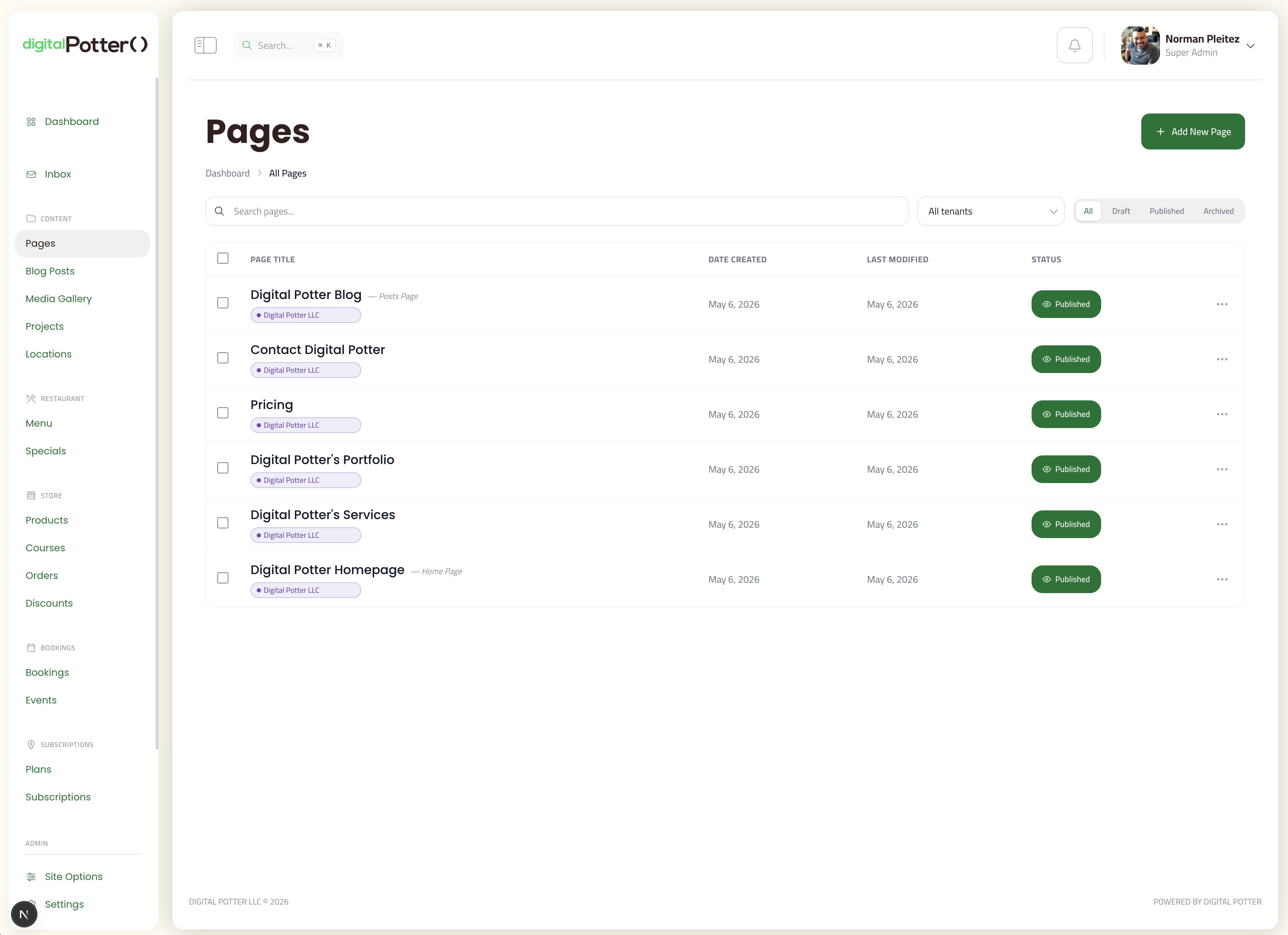 theDavid Pages list with tenant tags and status filters