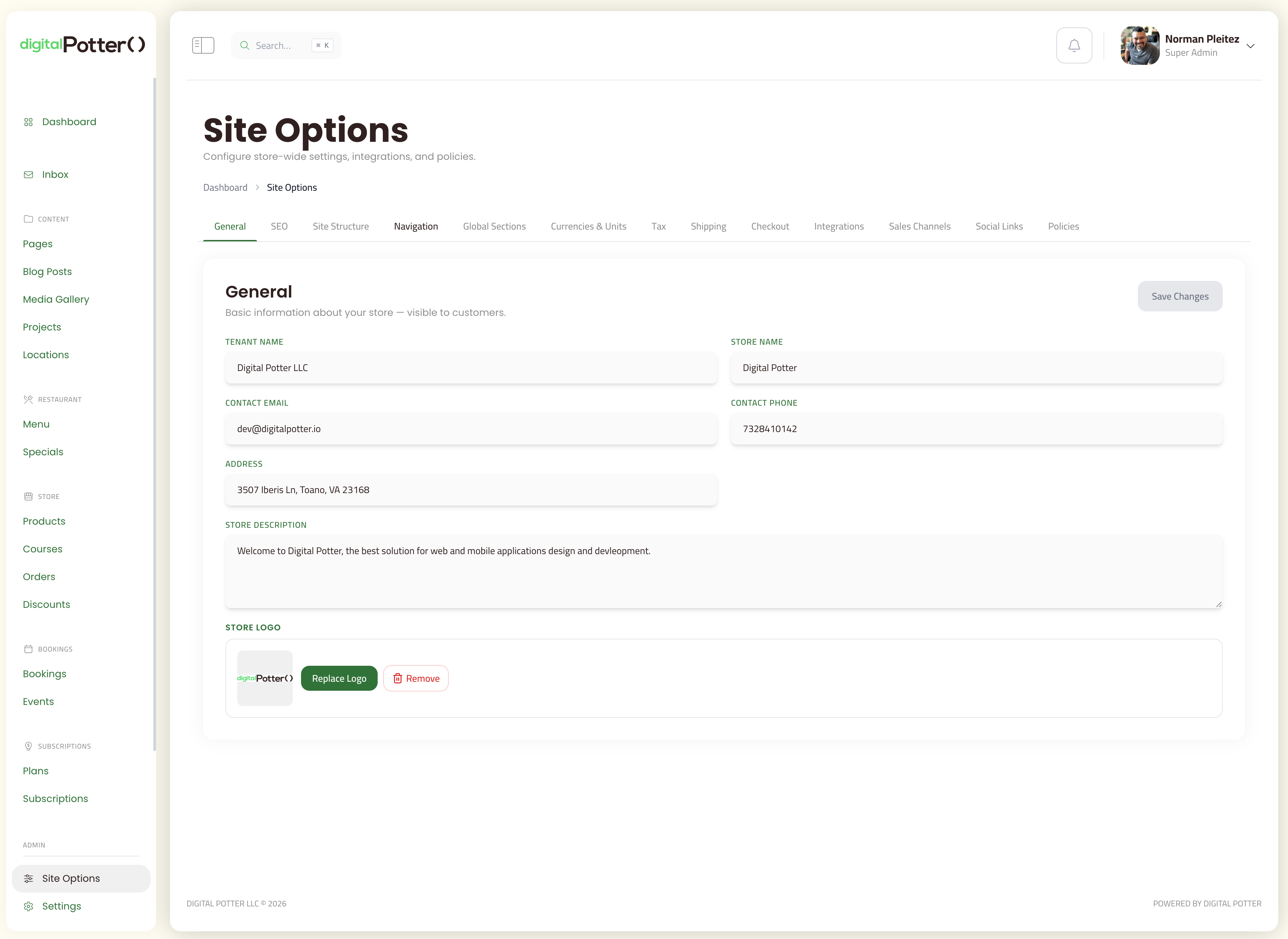 theDavid Site Options screen with General tab and tabs across the top
