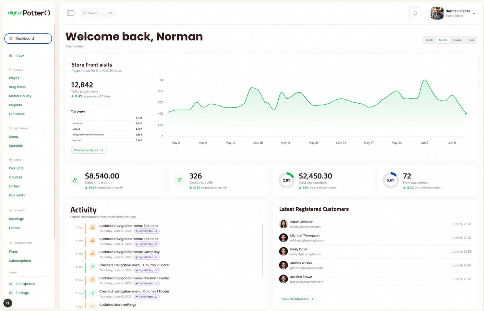 theDavid dashboard with KPIs, store visits, and activity feed